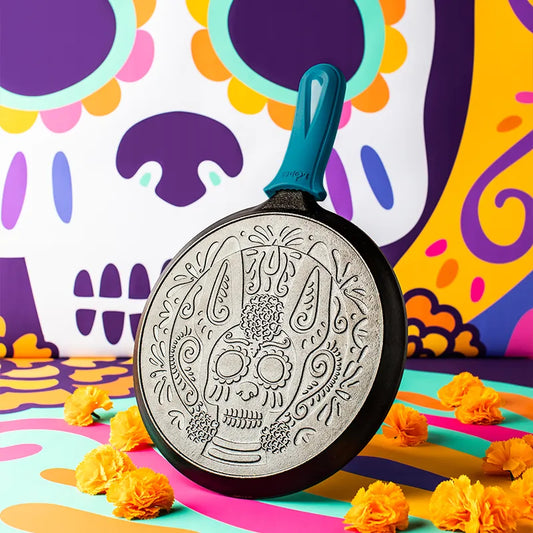 10.5 Inch Seasoned Cast Iron Xolo Sugar Skull Griddle with Deluxe Handle Holder
